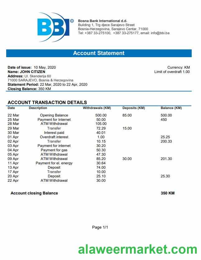 Bosnia and Herzegovina Bosna Bank International bank  statement